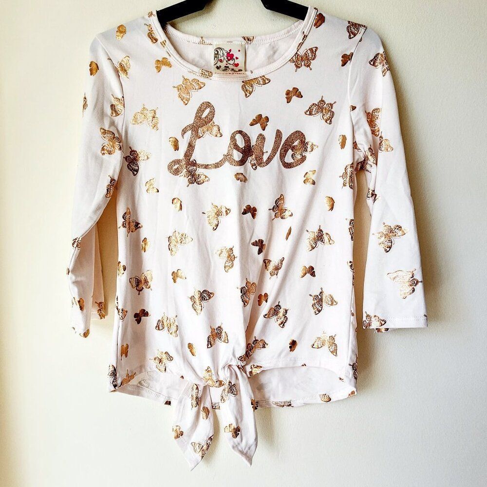 Jenna & Jessie LILY BLEU Big Girls Love Tie Front Gold Butterflies Top in Ivory